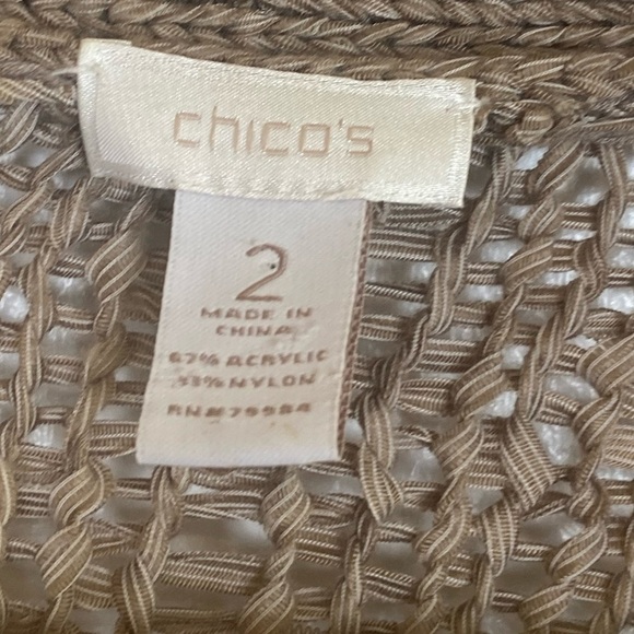 Chico's Crochet Open Knit Cardigan Size 2 US L Tan Beach Open Front Long Sleeves - Picture 9 of 9